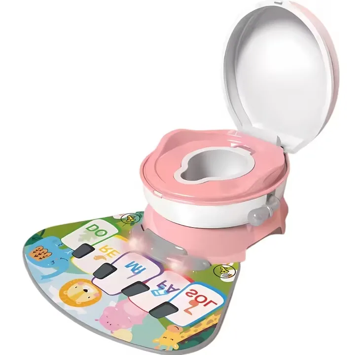 Olita copii cu covoras muzical Macvi® colac moale, margini rotunjite, anti-stropire, reductor si vas colector, roz pal