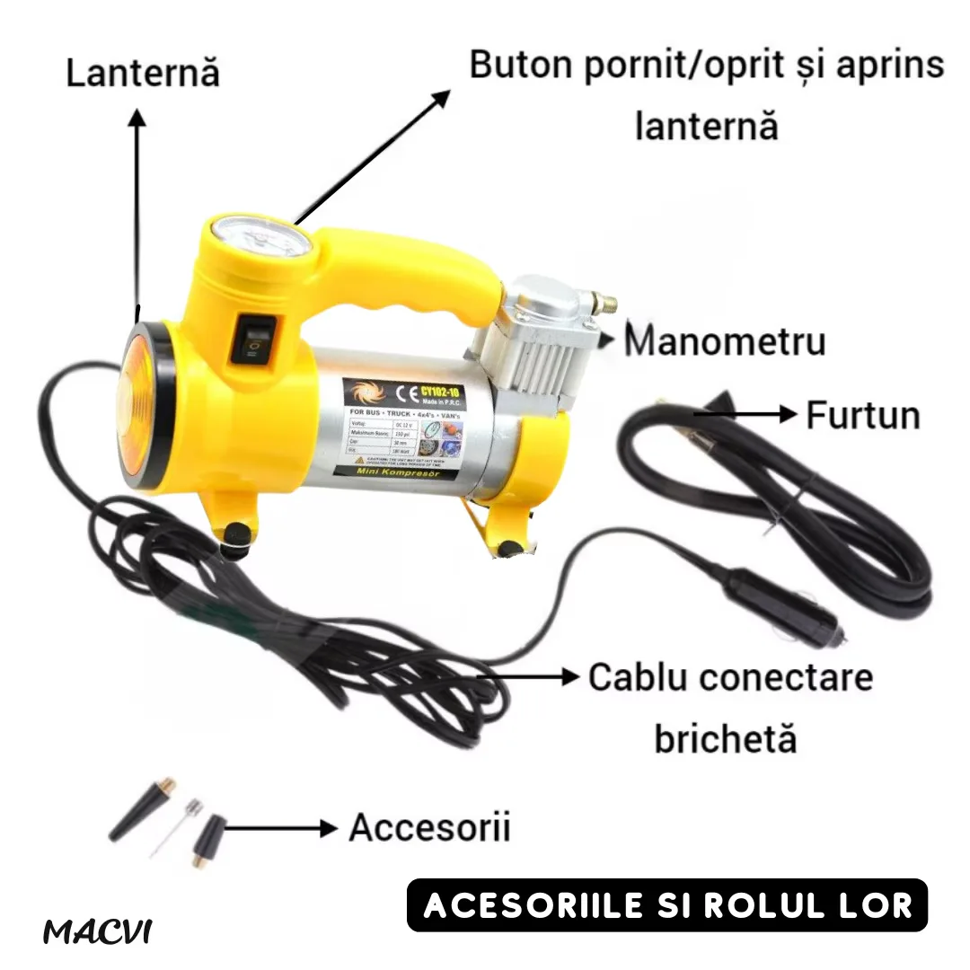 Compresor Auto Macvi® FOXMAG24, 12V, 150 PSI, 35L/min, Galben ,Putere si Eficienta pentru Vehicule Mari - imagine 4