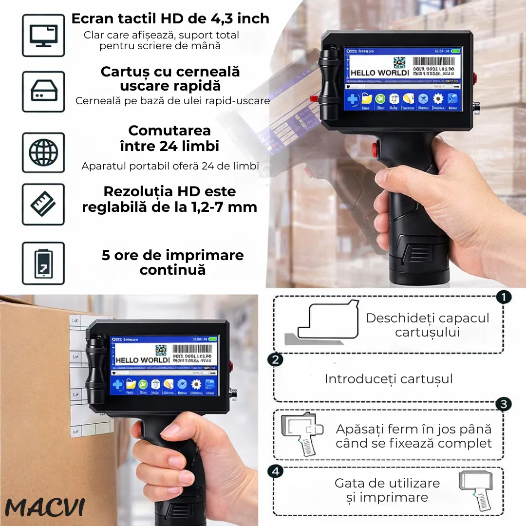 Imprimanta termica portabila Macvi®, wireless, 12.7 mm, cerneala HP originala, coduri QR, coduri de bare, date variabile, multifunctionala - imagine 5