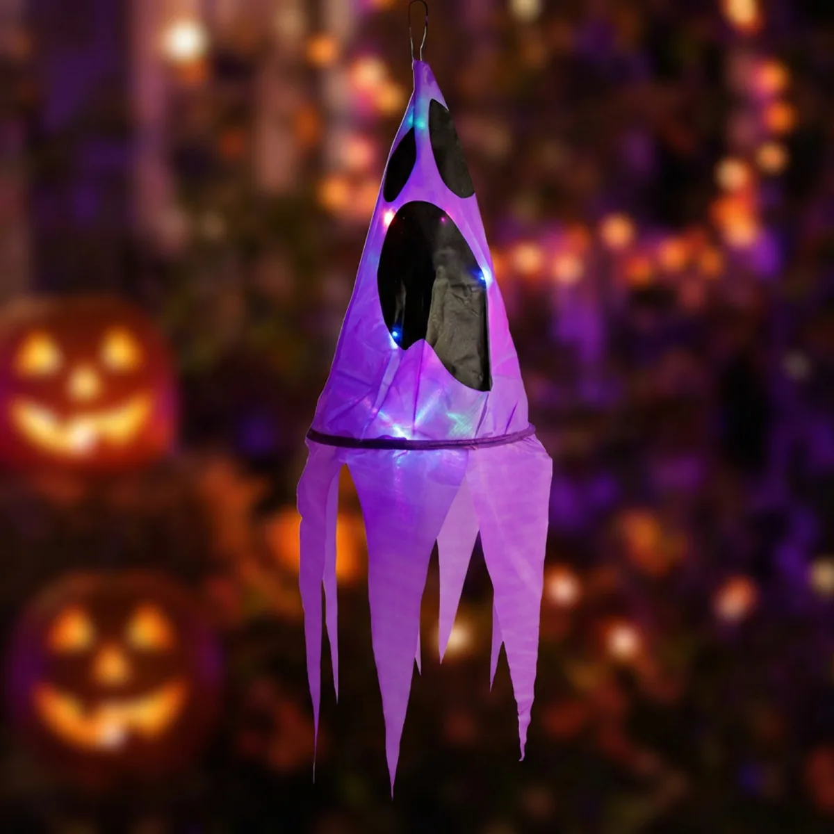 Decor Halloween iluminat, fantoma mov, 10 LED-uri colorate, de agatat, 75x20 cm, pe baterii