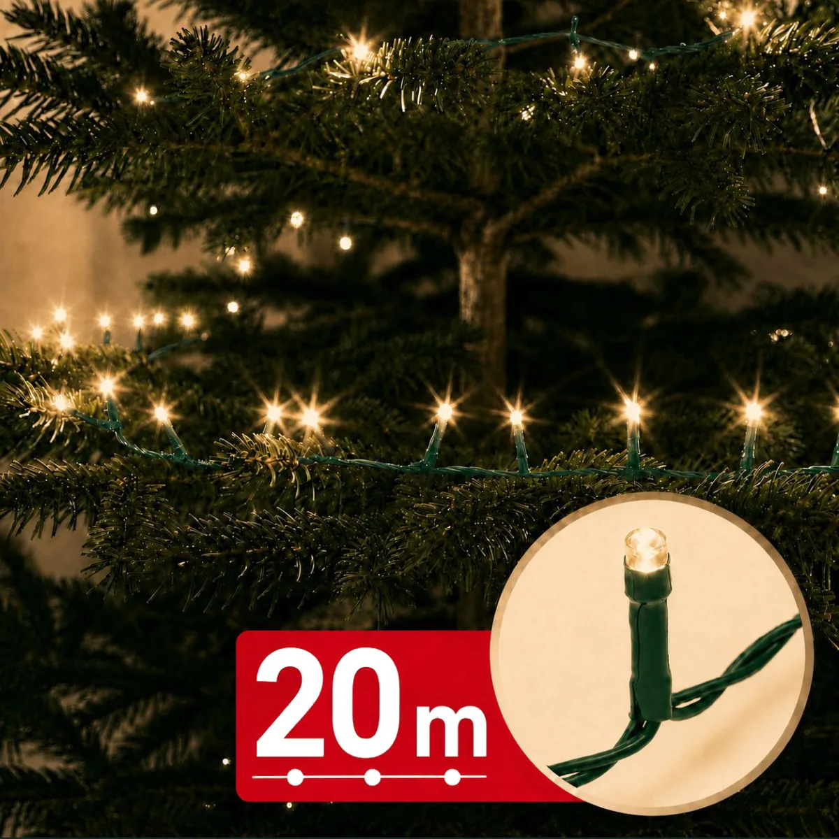 Instalatie de Craciun 20 m, 400 LED alb cald, 8 jocuri lumini, timer, IP44, cablu verde