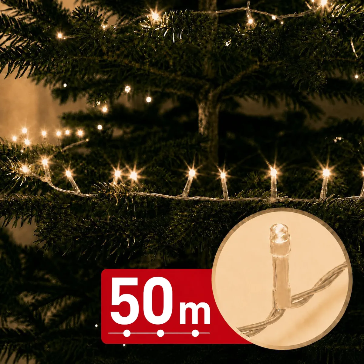Instalatie de Craciun 50 m, 1000 LED alb cald, 8 jocuri lumini, timer, IP44, cablu transparent