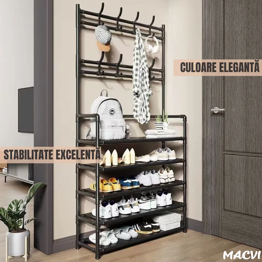 Cuier multifunctional Macvi® pentru haine si incaltaminte, 171x80x26.5 cm, material durabil, design ergonomic si modern, negru - imagine 4
