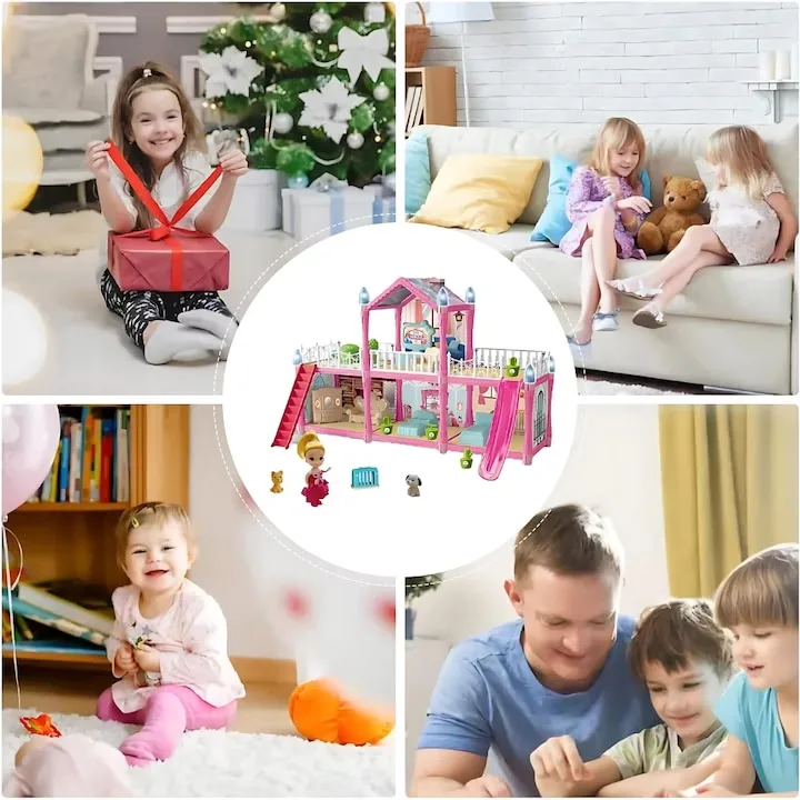 Casuta de papusi Macvi® 179 piese, 2 etaje, 6 camere, terase si scari, mobilier si accesorii incluse, cu catel si papusa, roz, model 556-73, jucarie pentru copii 3+ ani - imagine 3