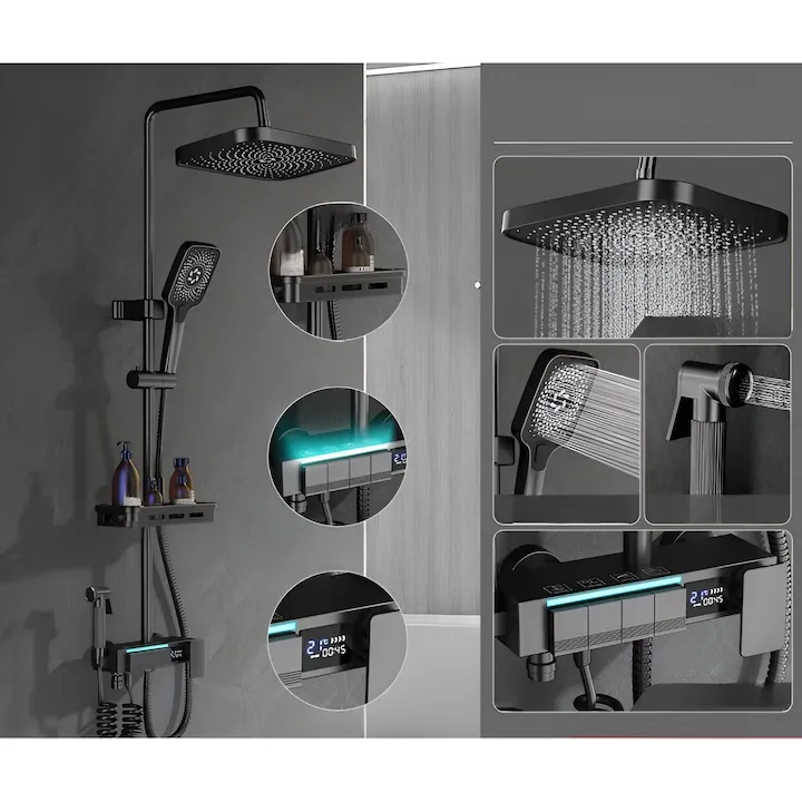 Coloana de dus Smart Macvi®, afisaj LED, termostatica, 4 moduri pulverizare, lumini ambientale, robinet ascuns, fara curent