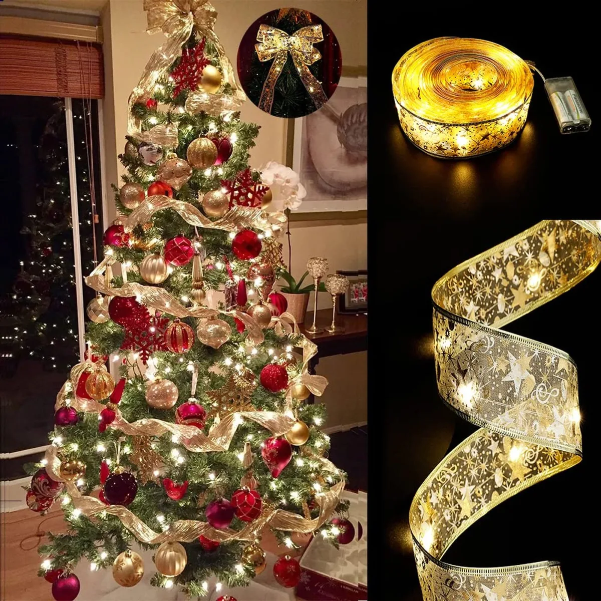 Panglică LED de Crăciun - aurie - 2 m x 5 cm - 2 x AA - imagine 2