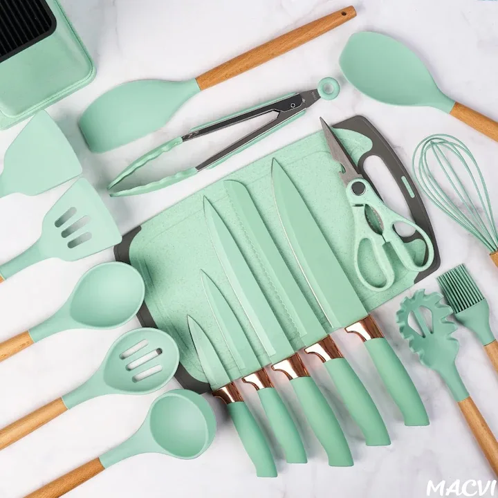 Set ustensile Macvi® bucatarie silicon premium 19 piese cu suport organizare cutite tocator linguri spatule fara BPA rezistente la temperaturi ridicate verde menta - imagine 4