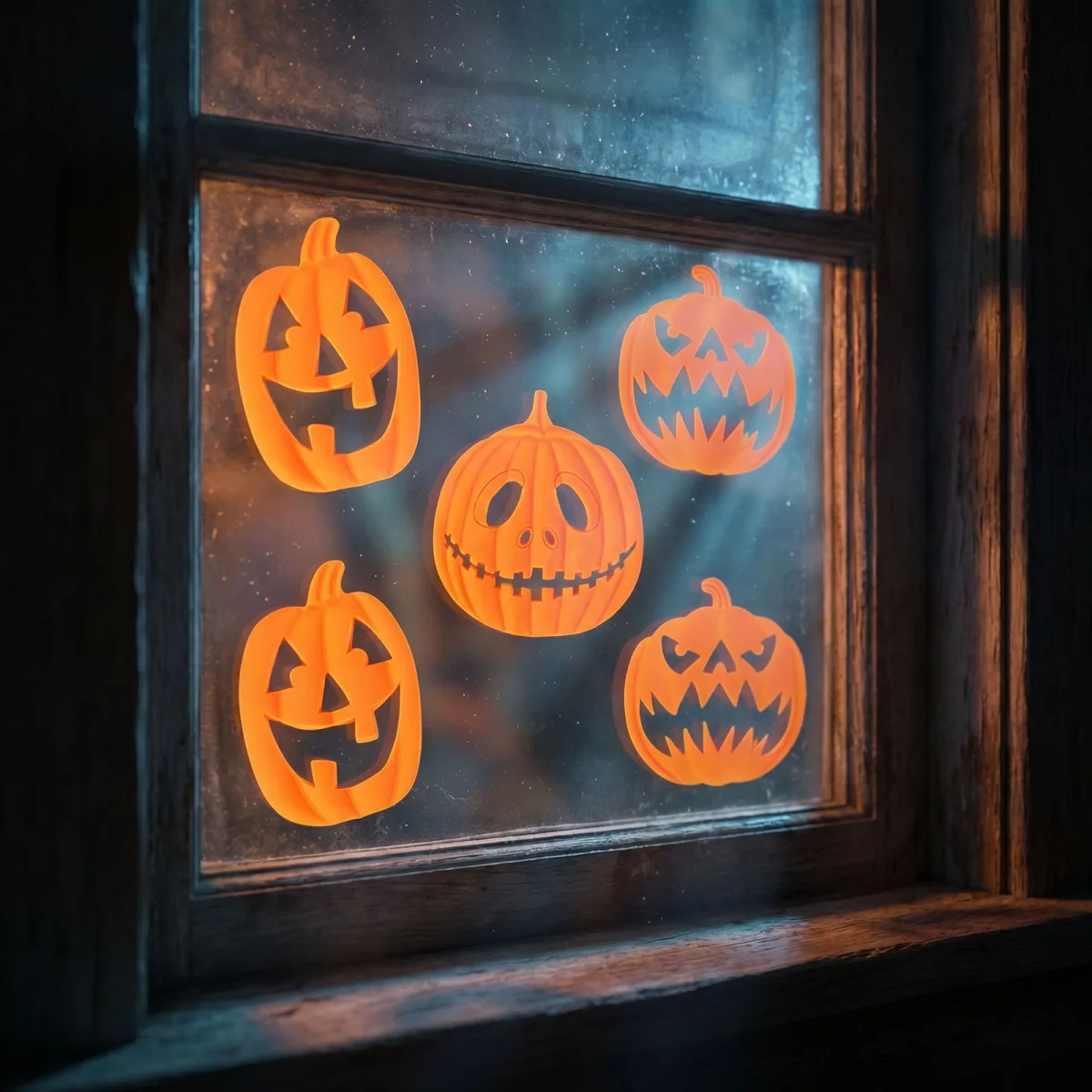 Set 9 decoratiuni 3D Halloween pentru geam, model dovleac, gel, 30 x 30 cm