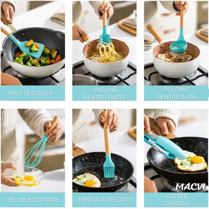 Set ustensile Macvi® bucatarie silicon premium 19 piese cu suport organizare cutite tocator linguri spatule fara BPA rezistente la temperaturi ridicate verde menta - imagine 5