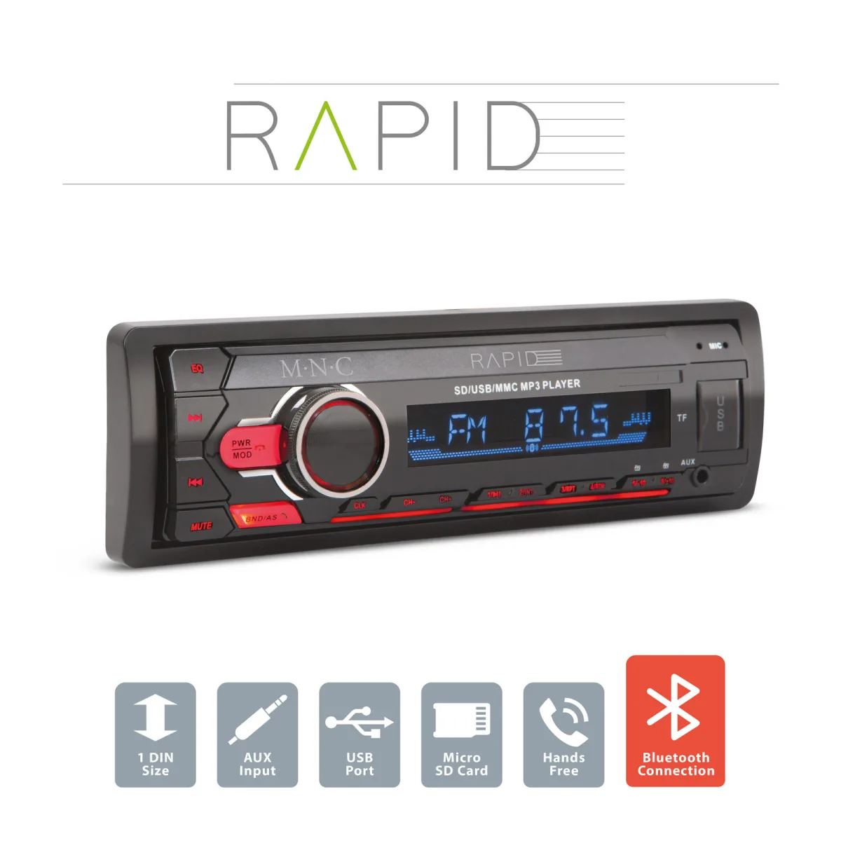 Player auto 1 DIN Rapid, Bluetooth, USB SD AUX, MP3 FM, 4x50W, telecomanda