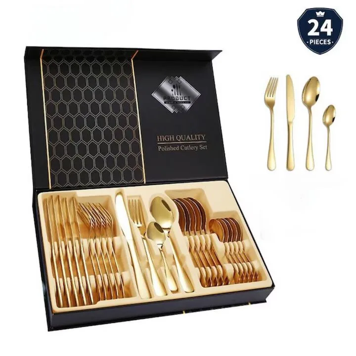 Set 24 tacamuri din inox Macvi®, 6 x cutite, 6 x linguri, 6 x furculite, 6 x lingurite, 40 x 25.5 x 5.5 cm, auriu