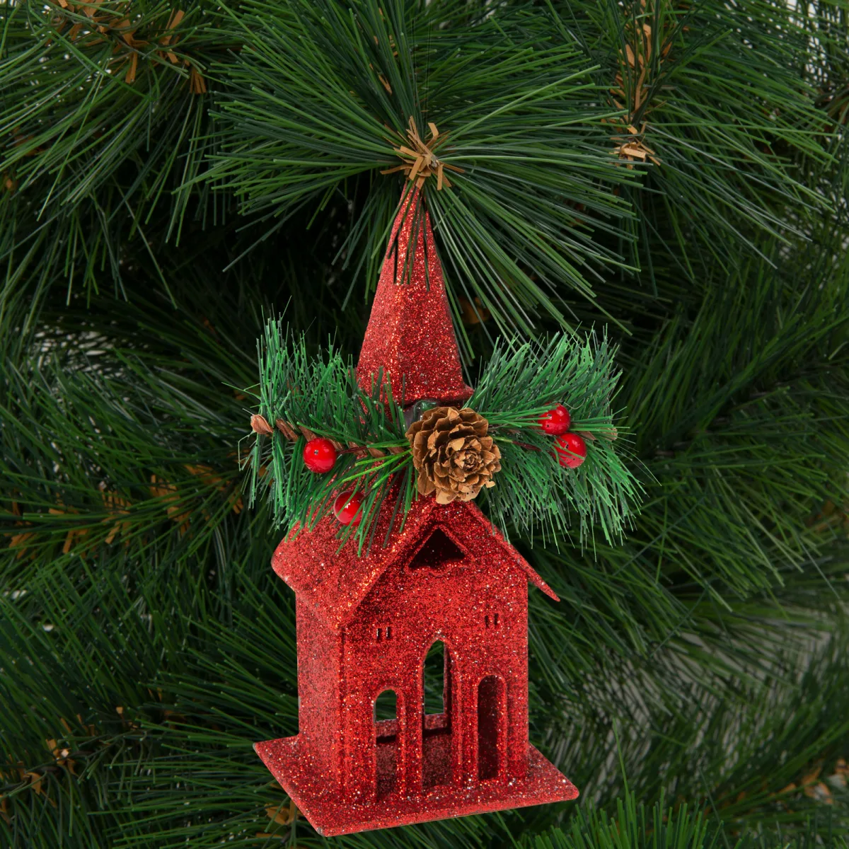 Decoratiune brad bisericuta rosie cu glitter, 16 cm