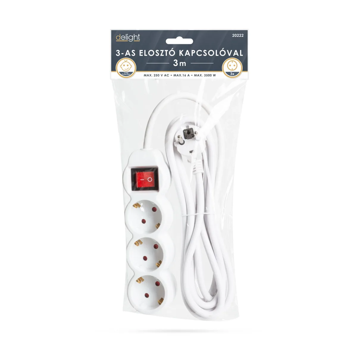 Prelungitor 3 prize Schuko, 3m, cu intrerupator, 16A, protectie copii, alb - imagine 2