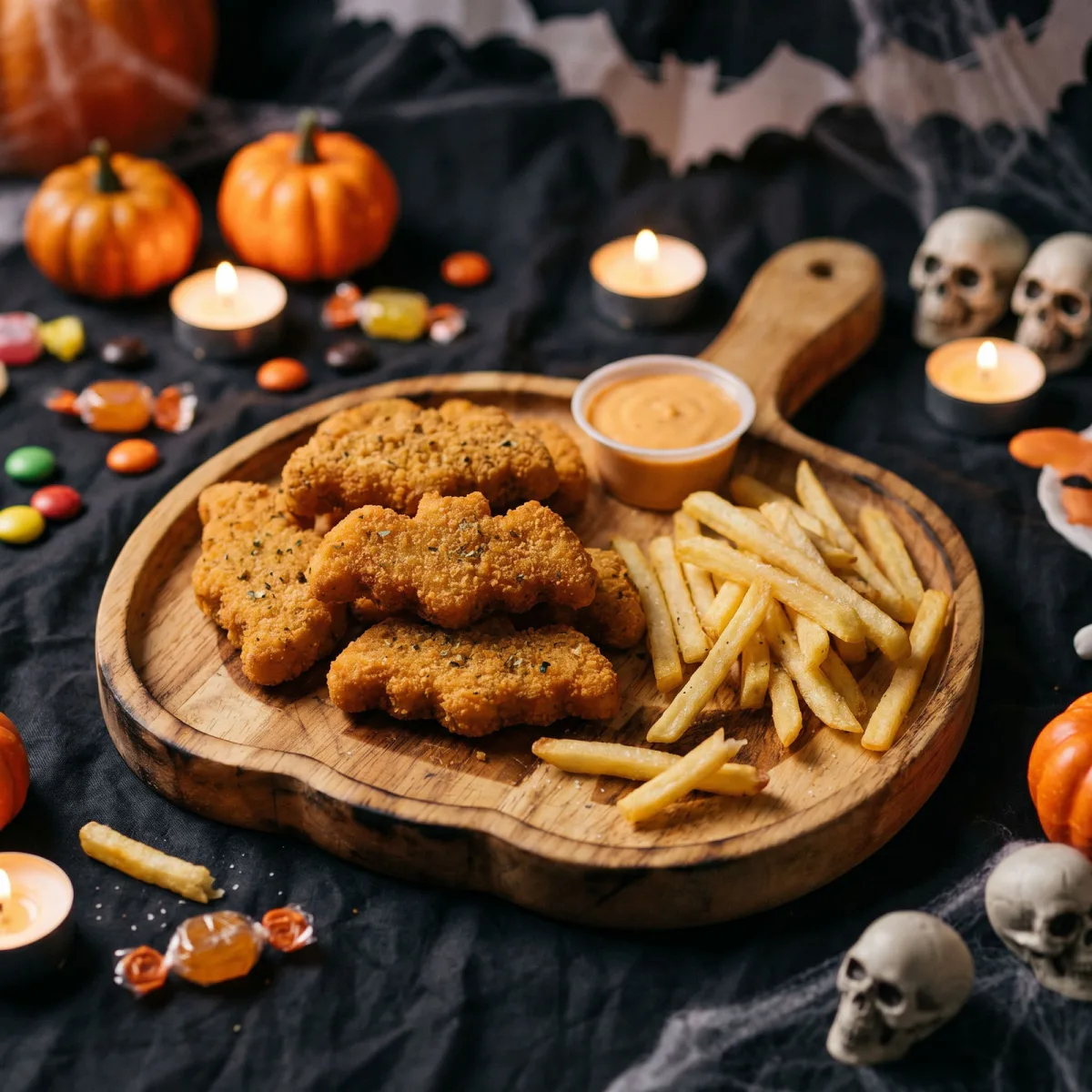 Tava decorativa Halloween cu maner, model dovleac Jack O Lantern, lemn, 26,5 x 20 cm