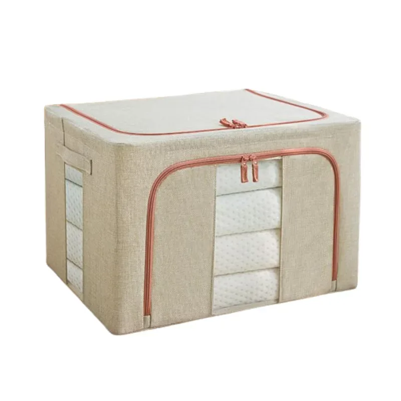 Cutie depozitare Macvi® 66L pliabila din material textil cu fermoar, fereastra transparenta si cadru metalic, organizator incapator pentru haine si articole casnice