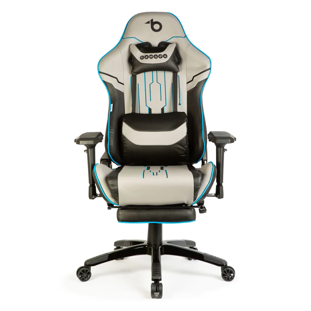 Scaun gaming ergonomic reglabil, cu suport picioare si perne, rabatabil 180°, gri negru albastru, 150 kg - imagine 3