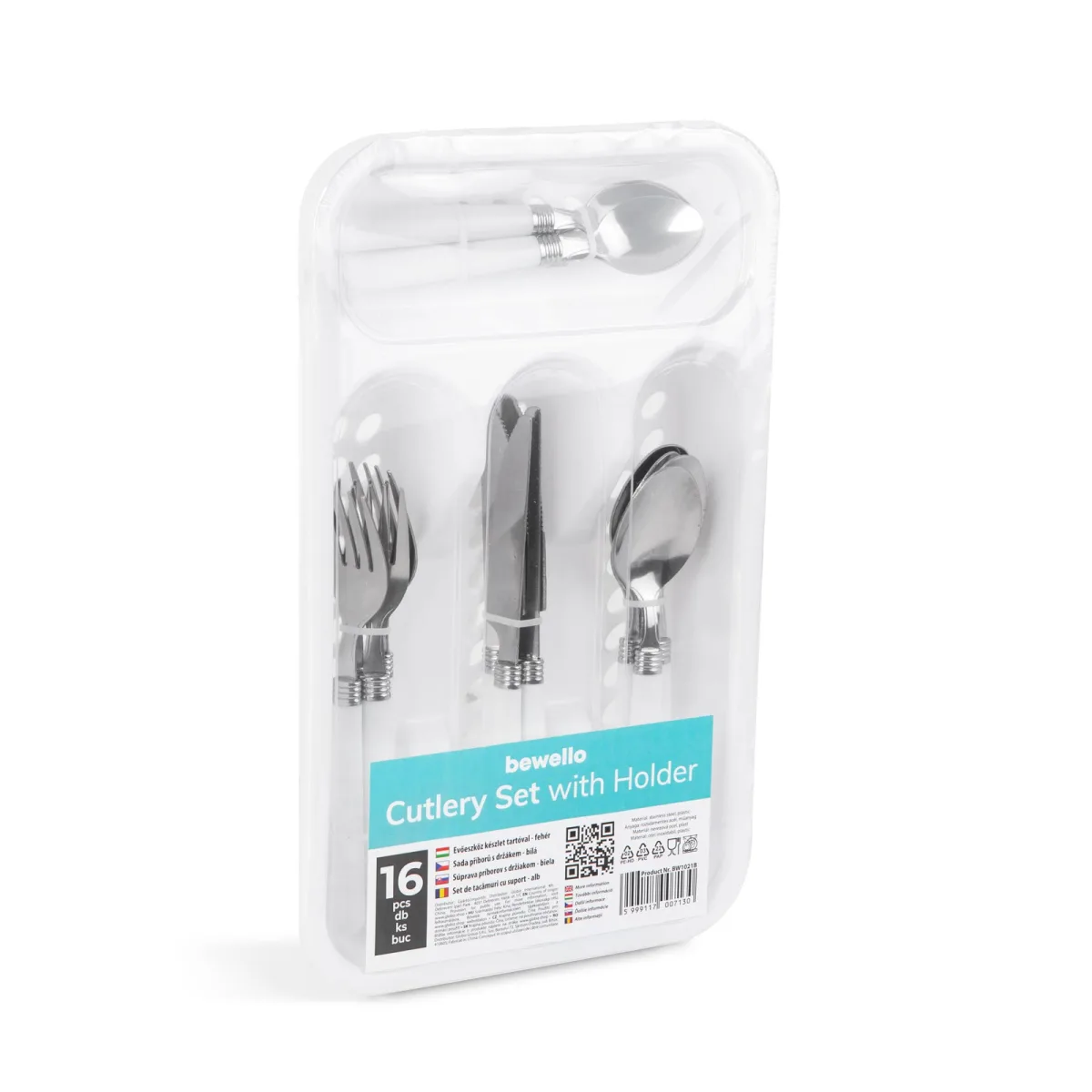 Set tacamuri 16 piese cu suport sertar, inox si plastic, alb, linguri furculite cutite lingurite - imagine 3