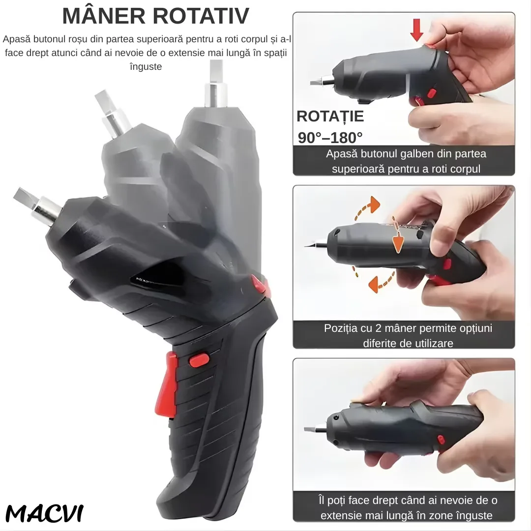 Surubelnita Electrica Portabila Macvi®, 47 Piese Acumulator Reincarcabil Maner Rotativ 90-180° Set Biti si Capete Tubulare Trusa Transport Negru - imagine 3