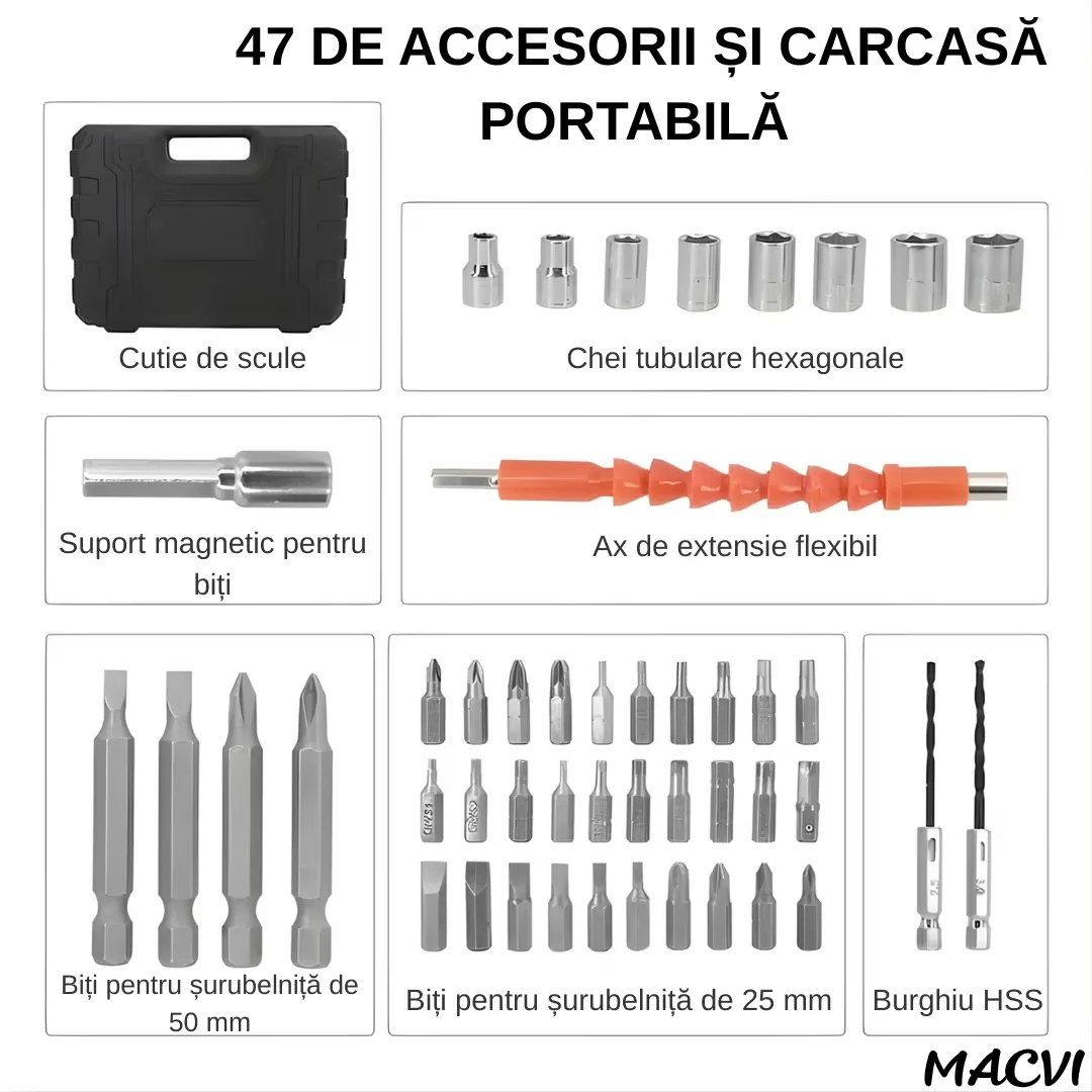 Surubelnita Electrica Portabila Macvi®, 47 Piese Acumulator Reincarcabil Maner Rotativ 90-180° Set Biti si Capete Tubulare Trusa Transport Negru - imagine 5