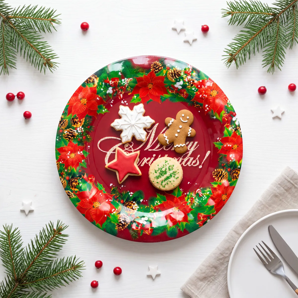 Farfurie de Craciun, plastic, „Merry Christmas”, 37,5 cm