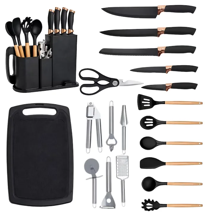 Set 20 Piese Utensile de Bucatarie si Cutite cu Suport Macvi®, Taietor, Ustensile de Silicona, Cutite, Tablita de Taiat si Accesorii pentru Gati