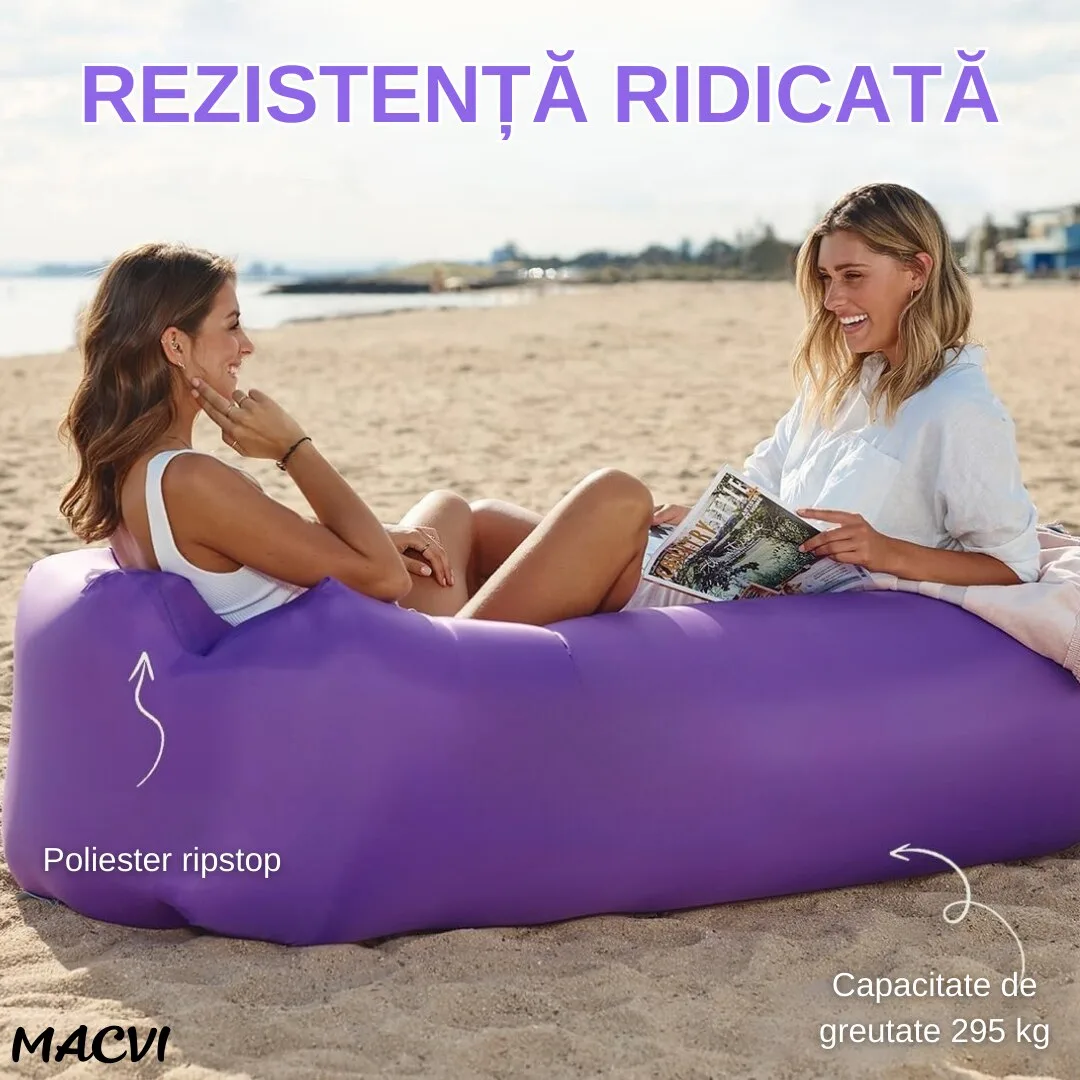 Saltea gonflabila tip sezlong Lazybag Macvi®, material rezistent, umflare fara pompa, pentru plaja/picnic/camping, rucsac de depozitare, 190 x 70 cm,,Mov - imagine 3