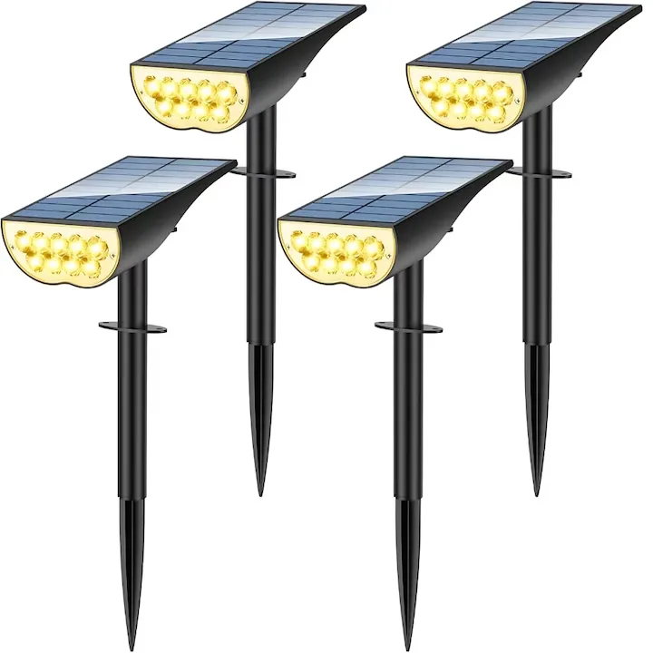 Set 4 Lampi Solare Exterior Macvi® cu Senzor Miscare 3 Moduri LED IP65 Alb Cald pentru Gradina Curte Alei Negru Descriere