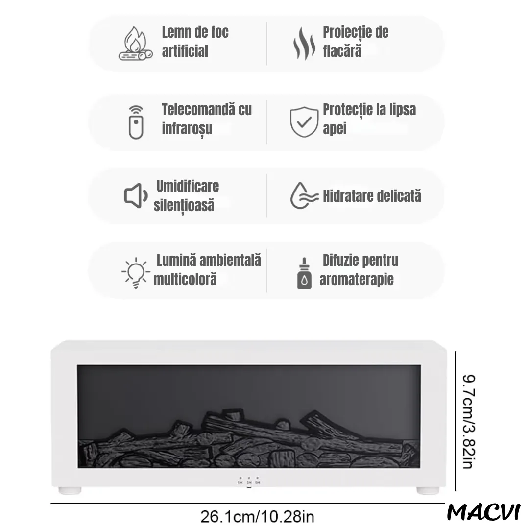 Umidificator de aer inteligent Macvi® 3D cu efect de flacara, aromaterapie, rezervor 200 ml, LED multicolor, silentios, portabil USB, cu telecomanda si 3 moduri de functionare, Alb - imagine 3