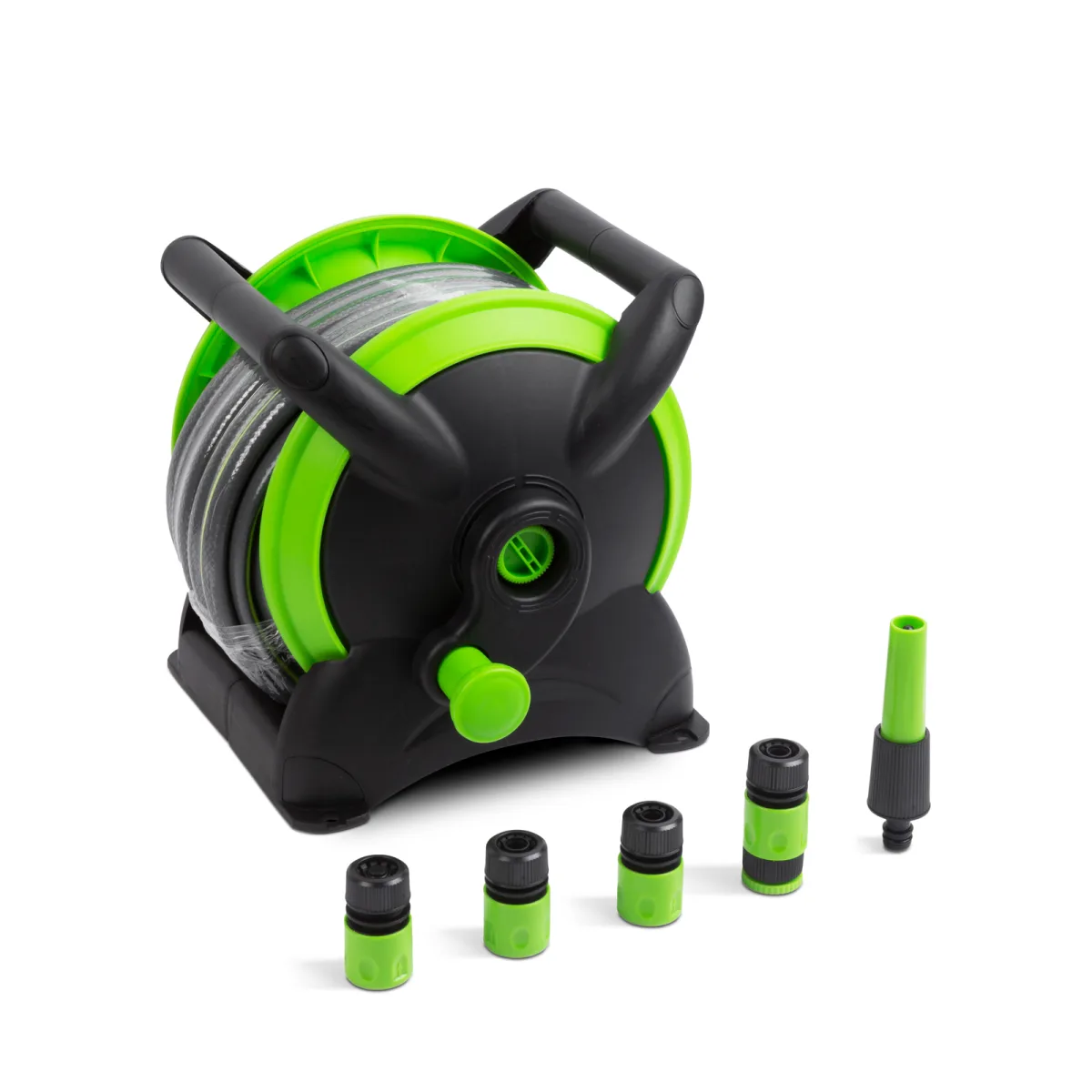 Set furtun gradina 15 m, 1/2, cu tambur, pistol irigare, conectori rapizi, rezistent UV
