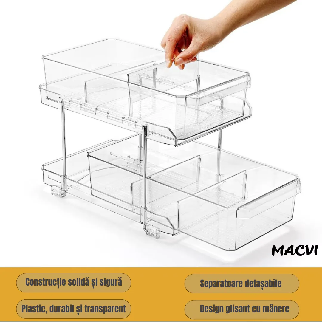 Organizator frigider Macvi® slide-out 2 nivele, transparent, sertare glisante, separatoare detasabile, 33x23x19 cm - imagine 4