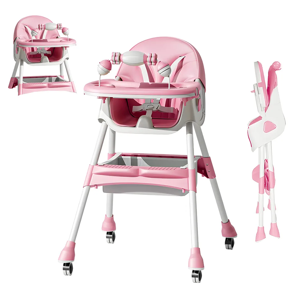 Scaun de Masa 3in1 pentru Bebelusi si Copii Teno®, centura de siguranta in 5 puncte, tavita reglabila si detasabila, loc depozitare jucarii, roz pastel