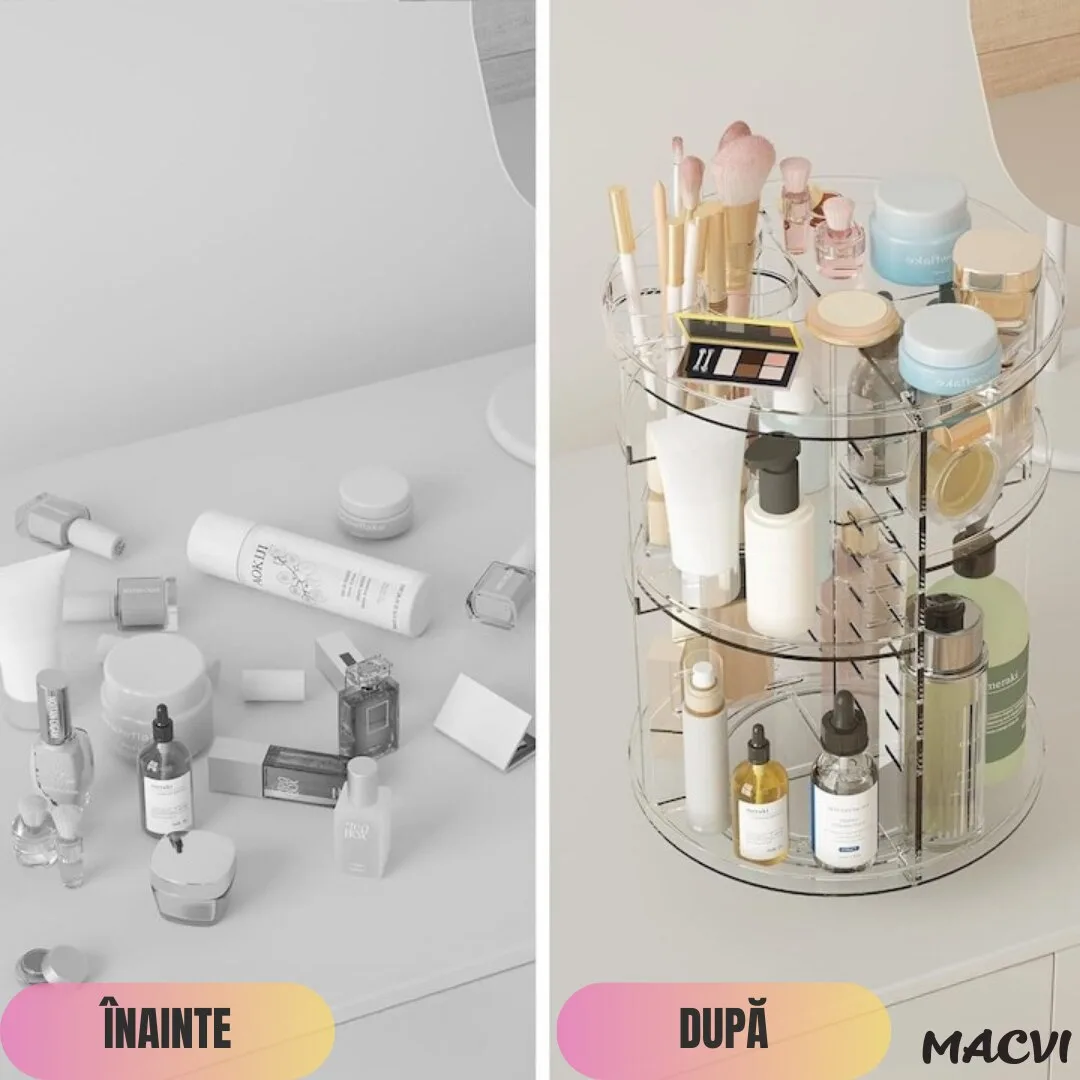 Organizator Cosmetice Rotativ Macvi® 360°, Design Reglabil, 9 Compartimente Spatioase, Montare Rapida, Ideal pentru Machiaj si Produse de Ingrijire - imagine 5