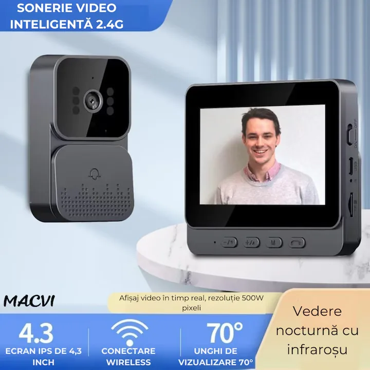 Sonerie video Macvi® wireless cu camera si monitor IPS 4, 3 inch interfon bidirectional fara WiFi, vedere nocturna IR, stocare pe card SD, instalare rapida - imagine 4