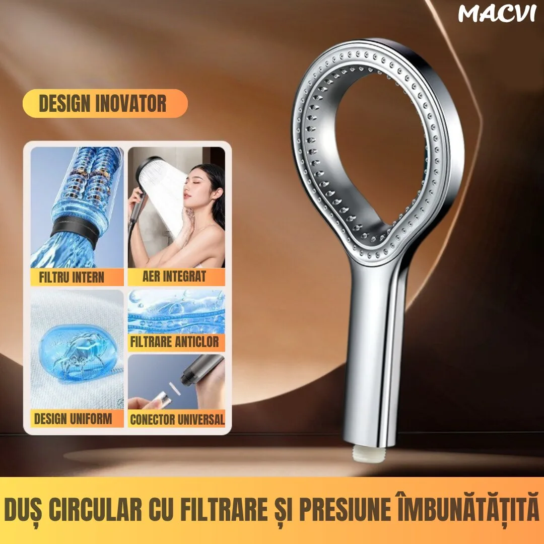 Cap de dus Macvi® cu jet reglabil, flexibilitate versatila, moduri multiple de pulverizare, finisaj argintiu - imagine 4