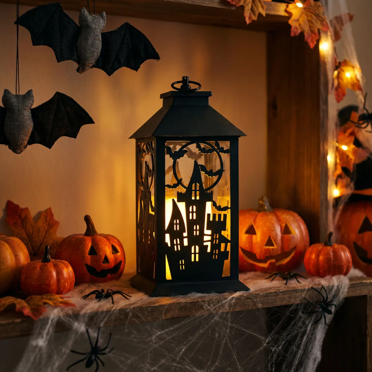 Felinar LED decorativ Halloween, model castel, efect flacara, 30 x 14 cm, negru