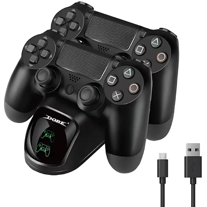 Statie incarcare console gaming Macvi® compatibila PS4 PS4 Pro PS4 Slim LED protectie supraincarcare 800 mAh ABS Premium negru