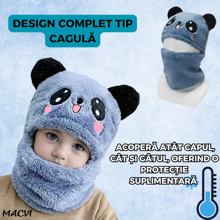 Caciula pentru copii tip cagula Macvi® 2 in 1, tematica lumea animalelor, model ursulet panda zambitor, 1-5 ani, albastru - imagine 2