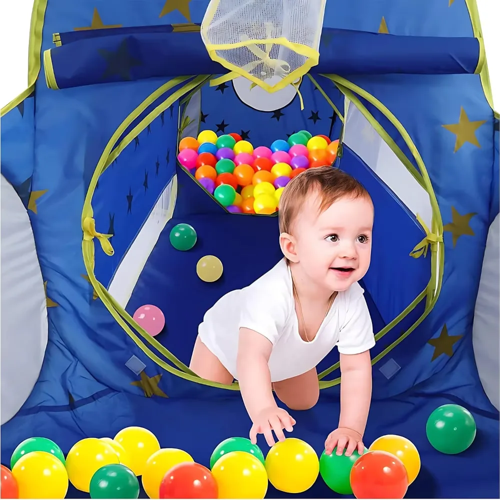 Cort Joaca 3 in 1 Macvi® cu Tunel si Castel Pliabil pentru Copii 3-7 Ani Interior Exterior Albastru Cosmic - imagine 5