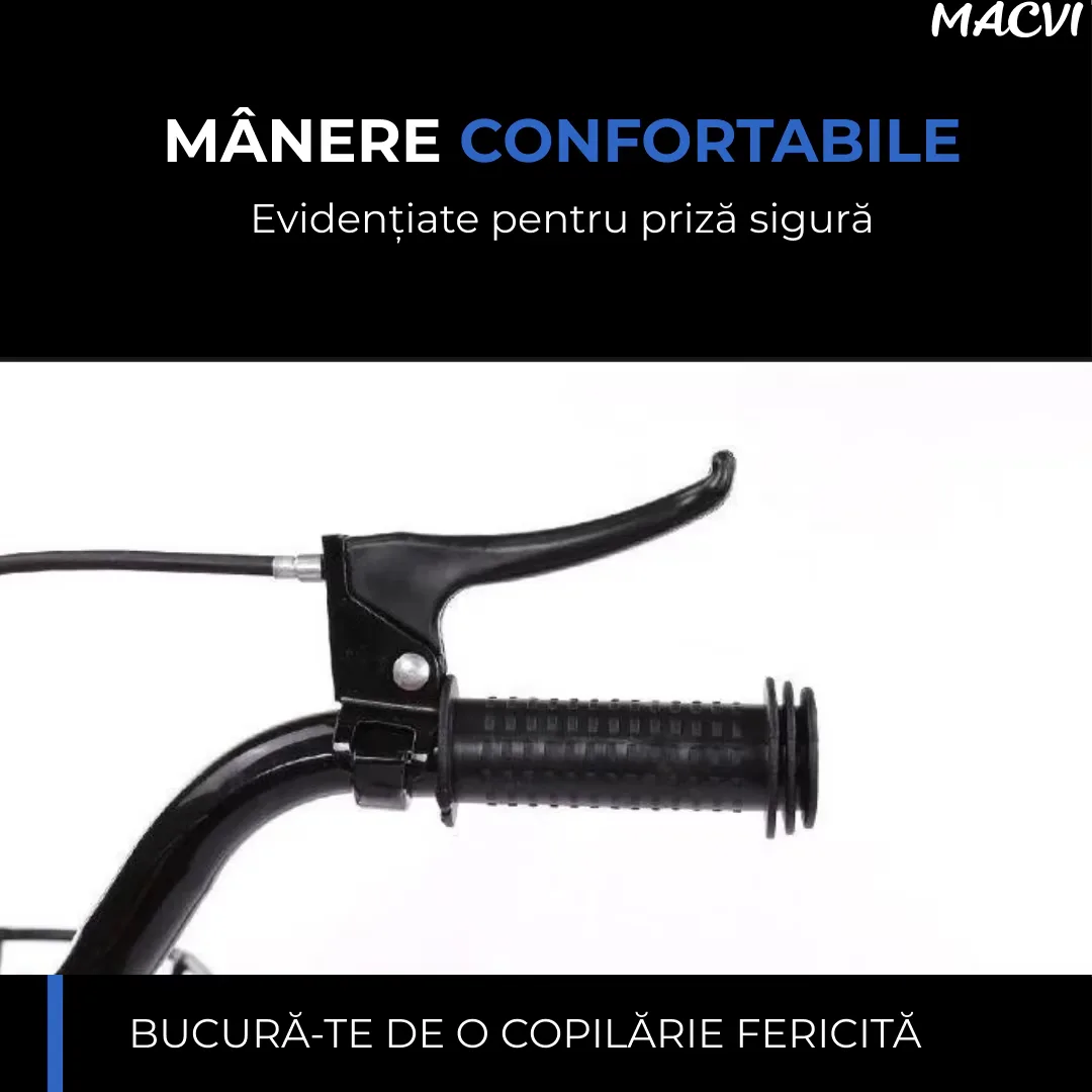 Bicicleta copii Macvi® 12 inch cu roti ajutatoare frana V-Brake, sezut reglabil, cadru din metal, albastru, 2-6 ani - imagine 3