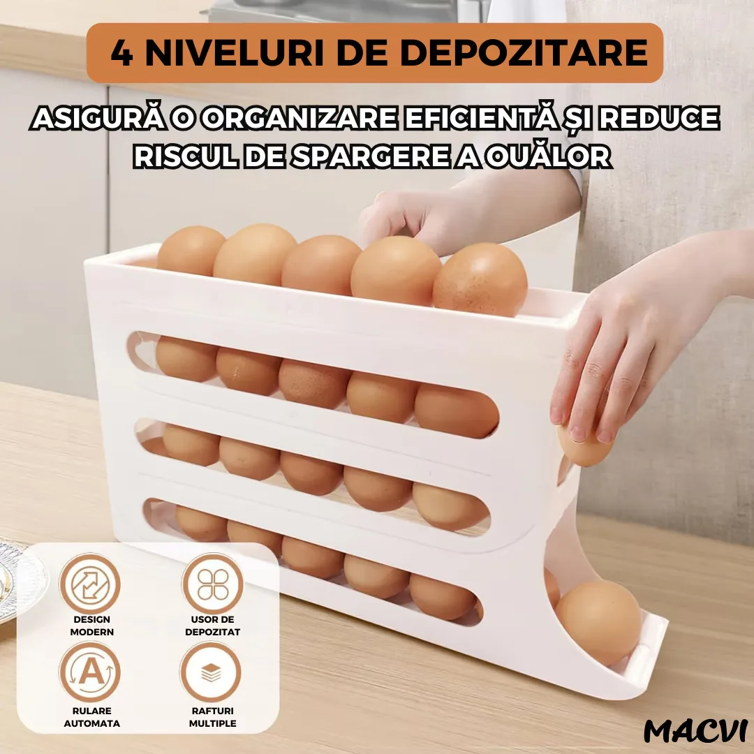 Suport organizator pentru oua Macvi®, 4 niveluri, rulare automata, 30 oua, 36x7x20 cm, alb, economisire inteligenta de spatiu in frigider - imagine 2
