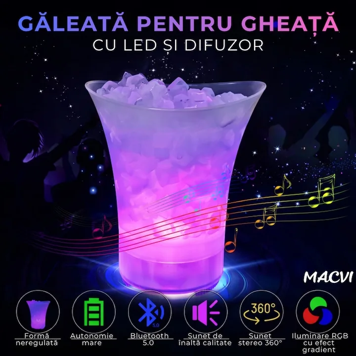 Frapiera MACVI 5 litri, boxa Bluetooth integrata, LED multicolor, plastic impermeabil - imagine 4
