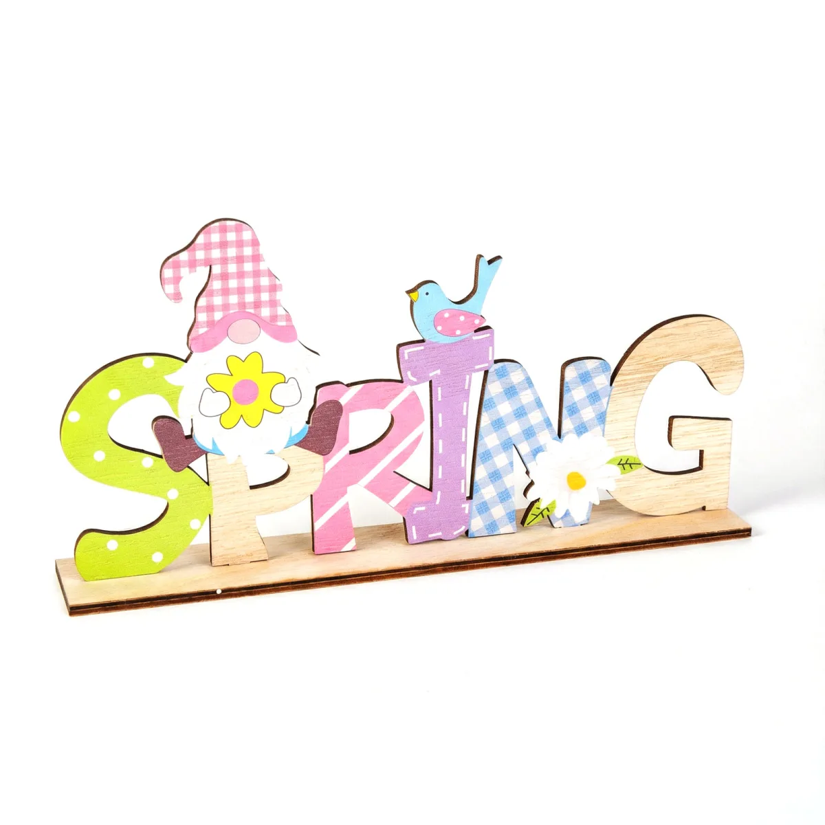 Decor masa primavara din lemn cu spiridus si mesaj Spring, 22,5x11,5 cm - imagine 2