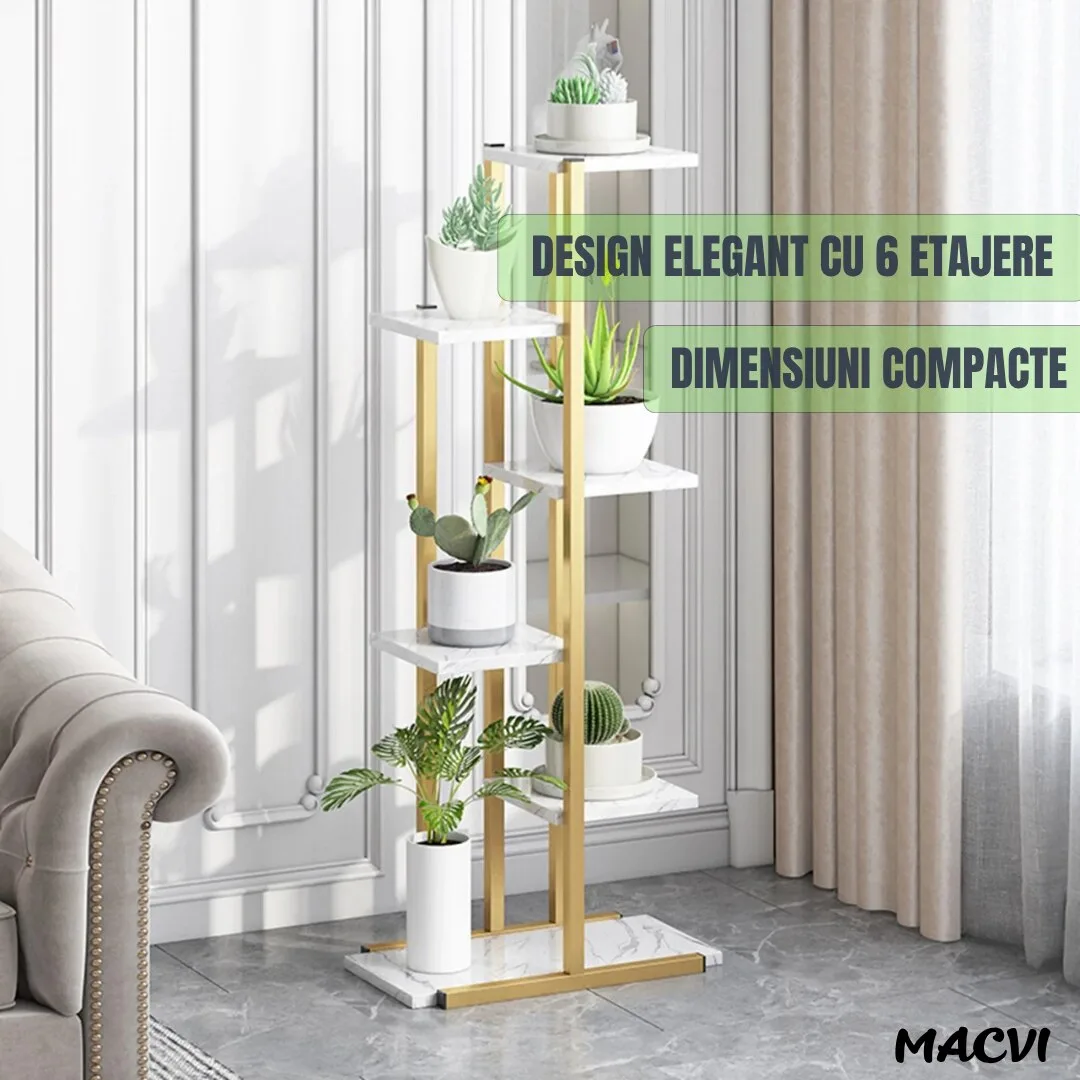 Suport ghivece flori si plante Macvi® cu 6 rafturi, design modern alb si maro, cadru metalic stabil, 113x60x20 cm, pentru interior si exterior - imagine 4