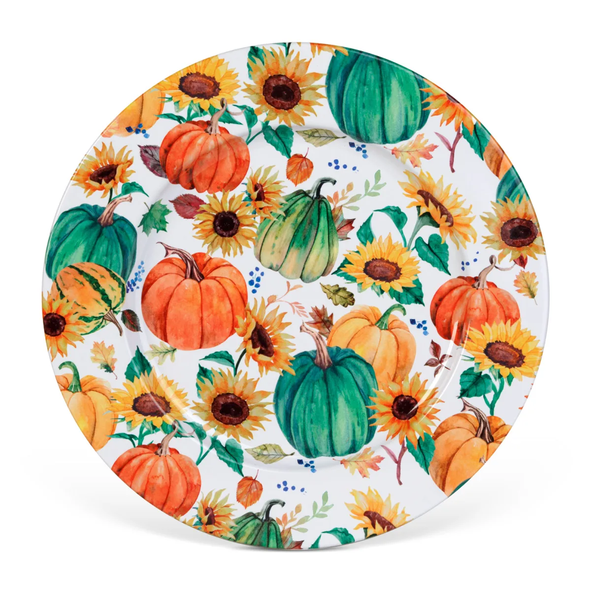 Tava decorativa de toamna din metal, model dovleci si floarea soarelui, 33 cm