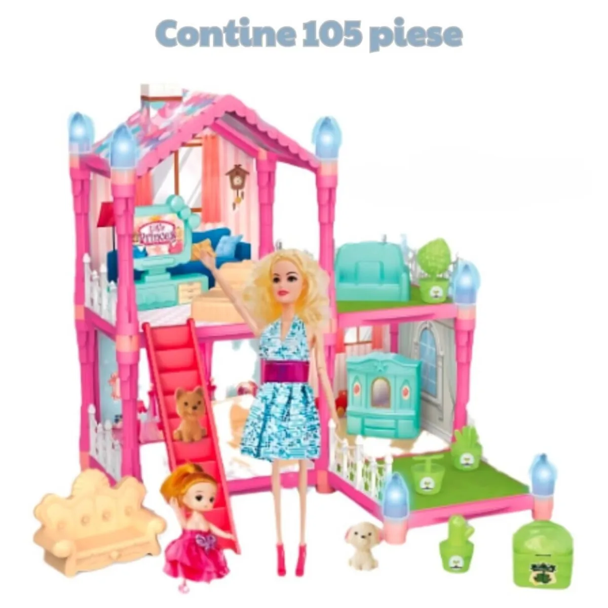 Casuta cu efecte luminoase pentru papusi, MACVI, 105 piese, 2 papusi incluse, roz deschis - imagine 3