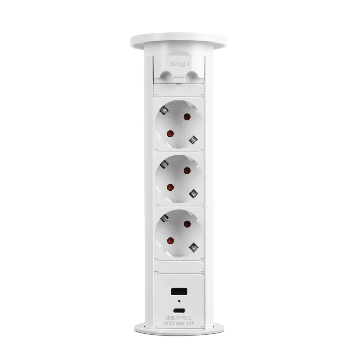 Priza retractabila electrica cu motor, 3 prize Schuko, 2x USB, 16A, alb - imagine 2