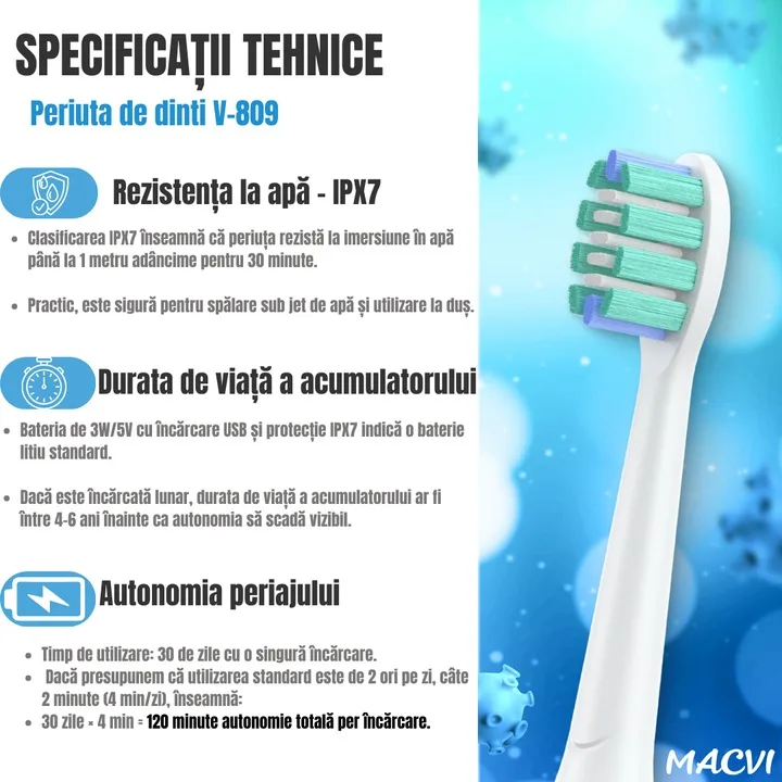 Periuta de dinti electrica Macvi® V-809, rezistenta la apa IPX7, suspensie magnetica, 3 moduri, Alb - imagine 4