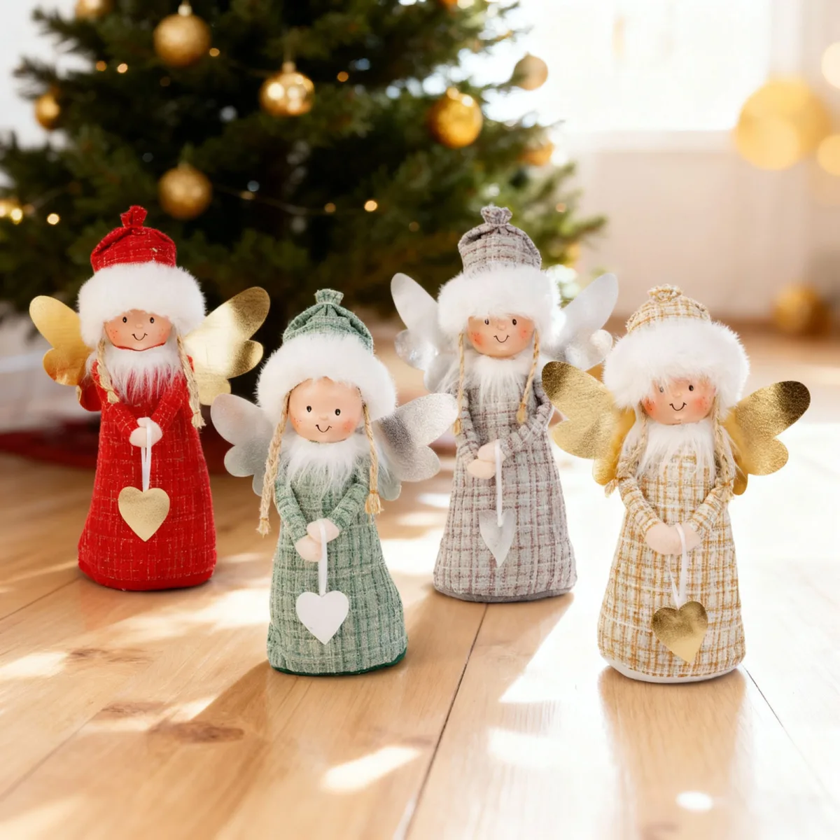 Papusa decorativa, inger Craciun, 30 cm, figurina textila cu fata ceramica
