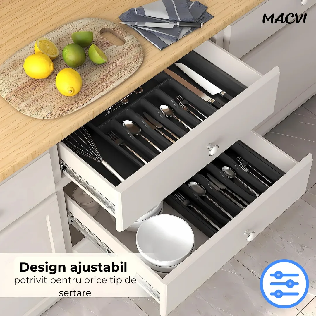 Organizator tacamuri sertar extensibil Macvi® 8 compartimente bloc pentru cutite detasabil negru - imagine 4
