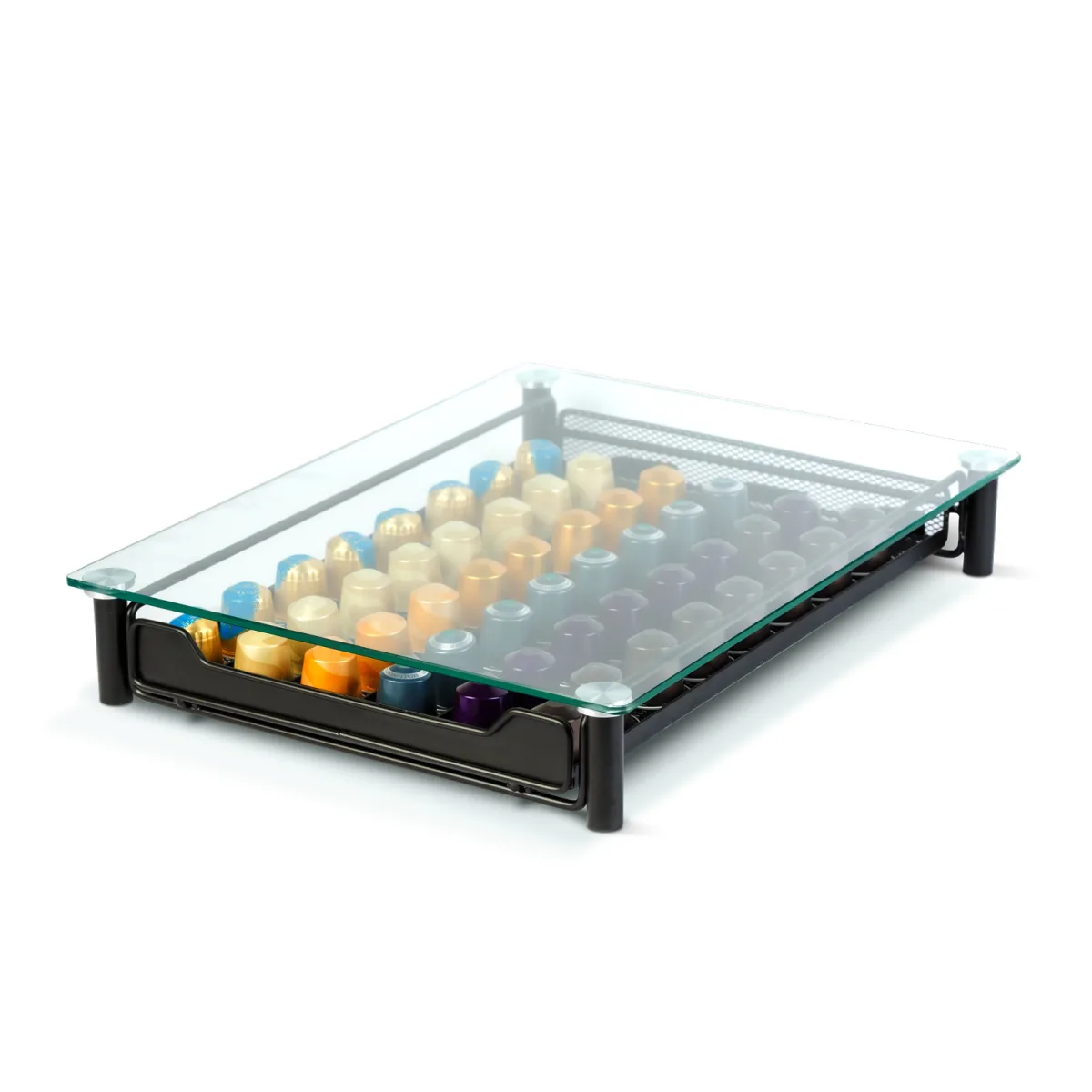 Suport capsule cafea Nespresso 60 capsule, metal cu sertar si blat sticla, negru mat, organizator espressor - imagine 3